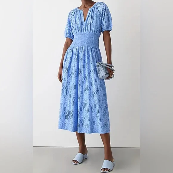 blue smock midi dress Blue Smocked Modest Midi Dress S
